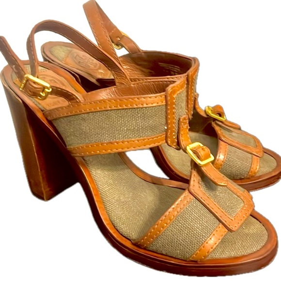 Tory Burch Open Toe Wooden Block Heel Slingback Shoes Size 8M - Picture 1 of 7